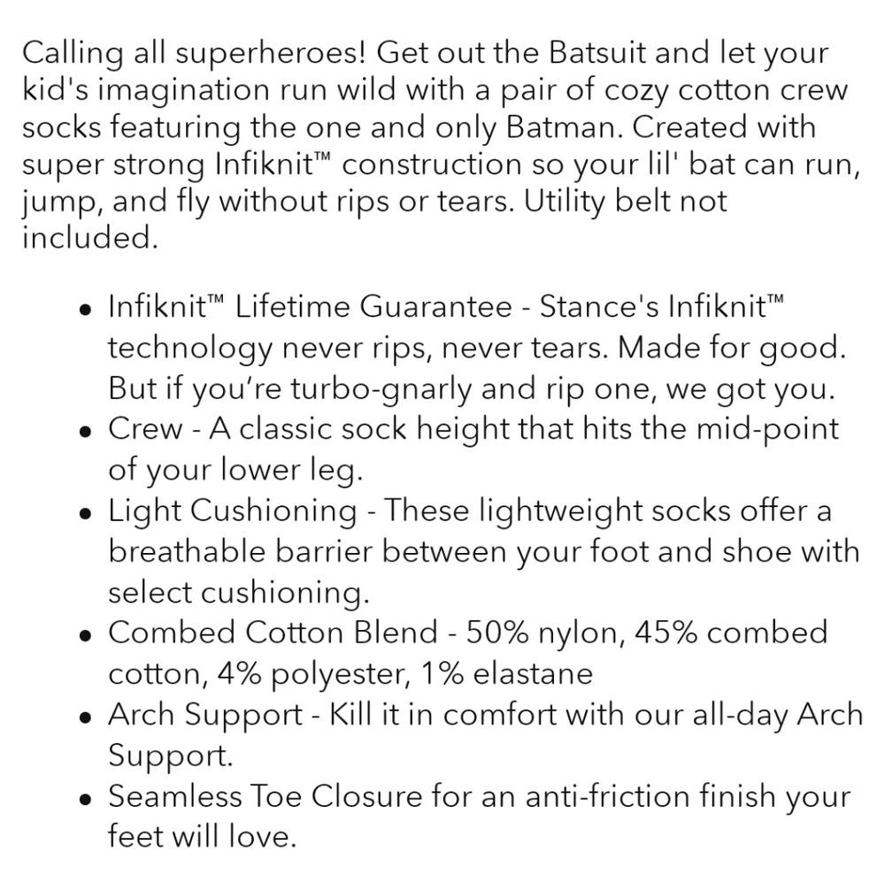 NWT Kid's The Batman Stance Crew Socks
